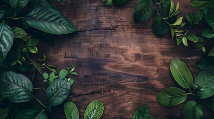 Natural wooden background with green leaves. The wooden background is dark and has a rough texture.