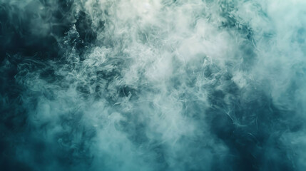 Wispy teal smoke swirls and curls against a deep blue background. - obrazy, fototapety, plakaty