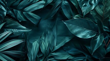 Dark green leaves. The leaves are of different shapes and sizes. They are arranged in a random pattern. The background is a dark green color.