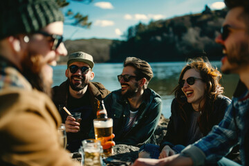 Group of friends having fun near a lake, laughing and drinking outdoor on a sunny day