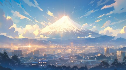 Mount Fuji in the twilight: a stunning anime-style illustration of Japan's iconic volcano from a cityscape perspective
