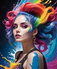 A striking portrait of a woman with rainbow-hued hair, each strand infused with the vibrant energy of a spectrum of colors. AI generation