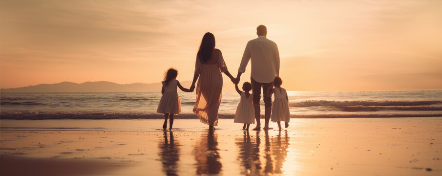 Happy familly at beautiful sunset beach. banner