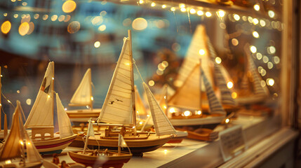 Decoration of a showcase with wooden toy sailboats. - obrazy, fototapety, plakaty
