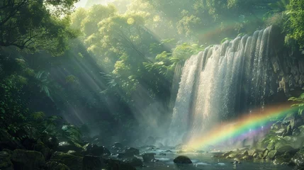 Papier Peint photo Lavable Olive verte Hidden gem: a lush forest waterfall reveals a misty rainbow, a serene paradise awaits discovery