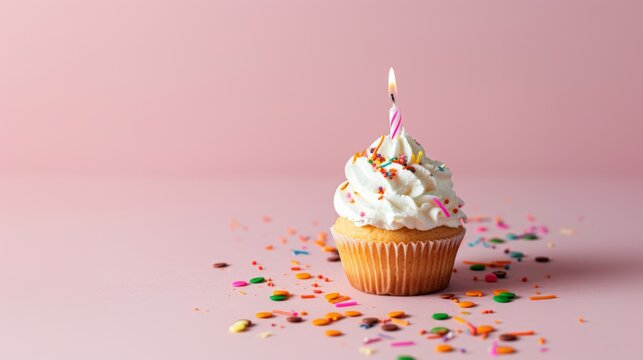 White frosted birthday cupcake with candle. Tasty, happy, delicious and sweet. Isolated on pink background. Copy space.