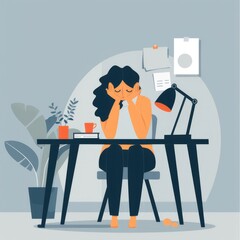 sad tired woman at her desk, flat design
