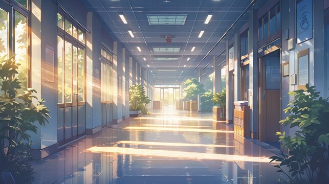 Anime-style illustration of a school hallway in Timelapse, with dramatic lighting and muted colorsheme