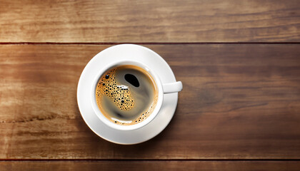 Obraz premium Cup of coffee on wooden table, top view; close up; dark brown background