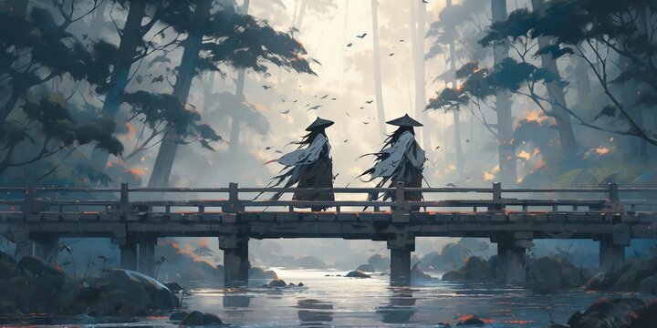 Epic duel of samurai warriors with swords on wooden bridge in ancient Japanese forest, realistic anime art