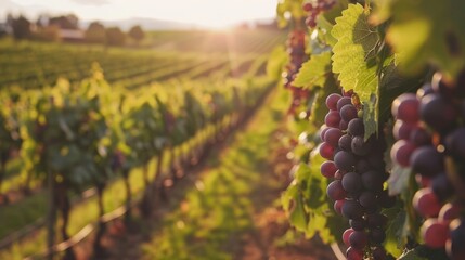Exploring a vineyard, admiring rows of grapes, and savoring wine under the sun create a delightful experience - obrazy, fototapety, plakaty