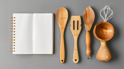 Different kitchen utensils and notebook on grey background.