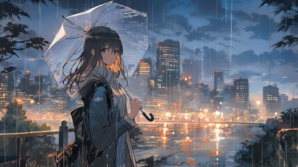 Lonely woman with umbrella in rainy fantasy city, anime illustration