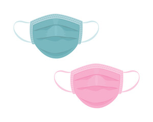 Medical masks. Masks to protect against viruses and diseases. Protective medical masks in green and pink colors. Vector illustration