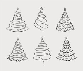 Abstract Christmas Tree Set, Christmas Tree Silhouette, Line Vector illustration