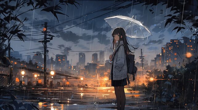 Lonely woman with umbrella in rainy fantasy city, anime illustration