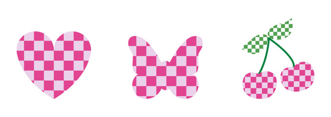 Checkered heart, butterfly and cherry icons. Pink chess textured stickers isolated on white background. Vector illustration