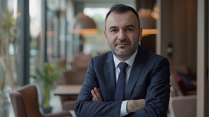 Confident businessman standing with arms crossed in modern office space.