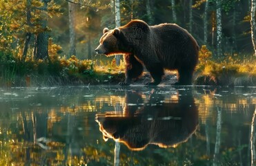 A brown bear strides along a tranquil lakeside, its figure mirrored in the still water amidst the forest's golden glow.