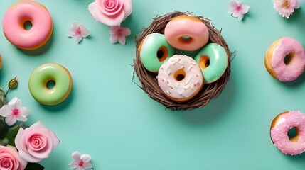 A Nest Of Donuts On A Mint Green Background With Pink Flowers.Generative AI