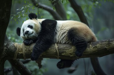 Obraz premium A peaceful giant panda sprawled comfortably on a tree branch, enjoying a lazy nap amidst green foliage