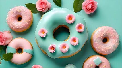 A variety Of Pastel Donuts And Pink Roses Arranged On a Mint Green Background.Generative AI