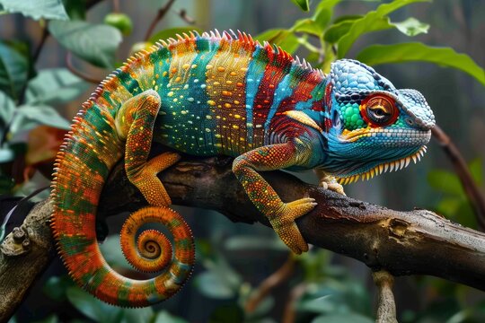 A vividly colored chameleon clings to a branch, its skin a dazzling array of colors, from radiant blues to fiery oranges.