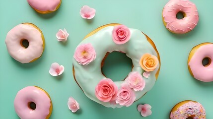 Pink Pastel Donuts Decorated With Roses On A Mint Green Backround.Generative AI