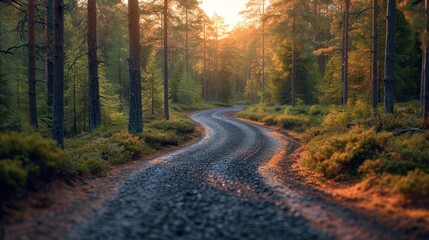 Beautiful natural view of a gravel road in the forest