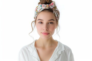 Pretty Young Woman in Floral Print Headband and White Blouse photo on white isolated background