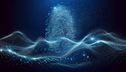 Naklejka premium blue background, digital signature with wave particles, sparkle, veil and space with depth of field. The particles are white light lines.