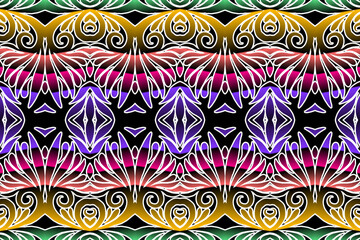 Seamless colourful batik ethnic dayak borneo line art pattern for aesthetic background or textile 