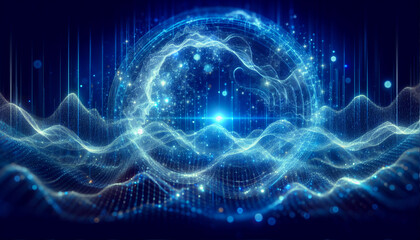 Obraz premium blue background, digital signature with wave particles, sparkle, veil and space with depth of field. The particles are white light lines.