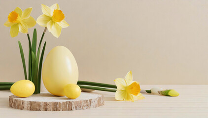 Wielkanocne tło, żółte jajka i narcyzy - obrazy, fototapety, plakaty