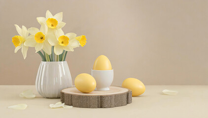 Wielkanocne tło, żółte jajka i narcyzy - obrazy, fototapety, plakaty