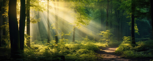Fototapeta na wymiar Beautiful sunny rays of light in green forest. Mystic forest.