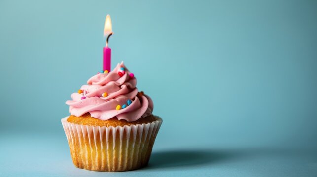 Pink frosted birthday cupcake with candle. Tasty, happy, delicious and sweet. Isolated on blue background. Copy space.