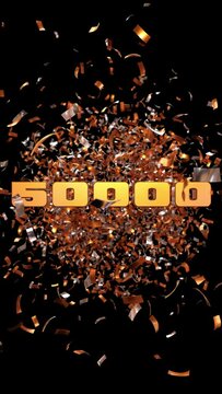 animation pour f&ecirc;ter les 50000 abonn&eacute;s avec nombre cinquante mille et confettis dor&eacute;s sur fond noir