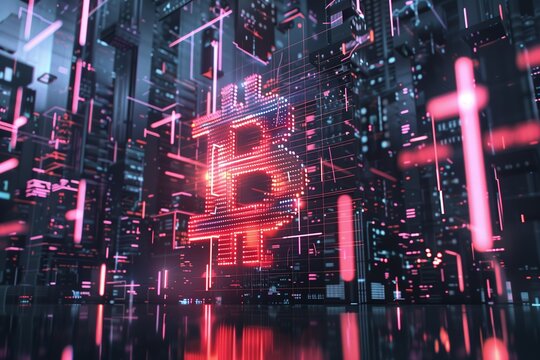 all time high of bitcoin price is coming right after the halving process, night street of dystopic future city with big bitcoin red glowing sign 
