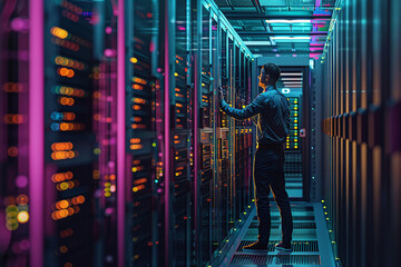 Fototapeta premium networking engineer, netwokring equiment, electrician at work, servers, server room, IT Administrator, Datacenter, service provider, database, computer server room, data storage, network hub and patch