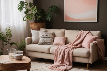 Cozy home decor includes a wooden table, a plant, colorful abstract posters, and a soft pink cotton blanket resting on a wooden beige couch.