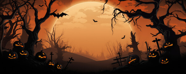 Scary Halloween pumpkins dark background. Halloween background, copy space for text.