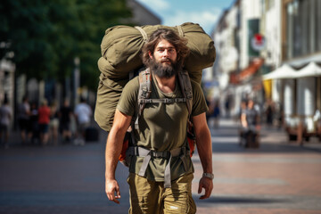 Sport man or tourist with beard and backpack rucking and walking at street in city. Trendy activity. - obrazy, fototapety, plakaty