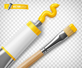 Vector realistic illustration of a yellow paint tube and a paintbrush on a transparent background. - 748671639