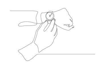 Continuous single line sketch drawing of people hand wearing wrist watch. One line art of businessman looking time on his watch vector illustration