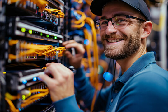 networking engineer, netwokring equiment, electrician at work, servers, server room, IT Administrator, Datacenter, service provider, database, computer server room, data storage, network hub and patch