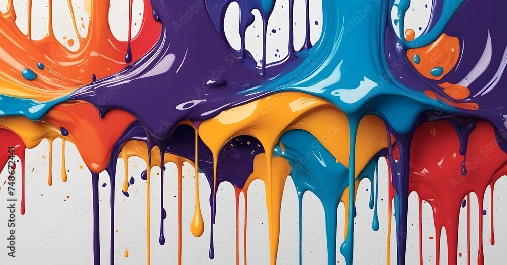 Poster paint in a spectrum of colors drips down a canvas, creating a vibrant and playful abstract piece. ai