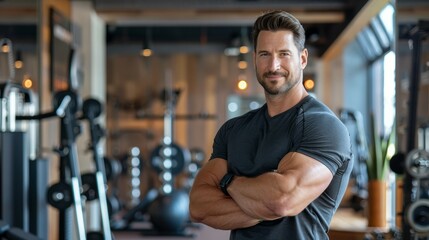 Fototapeta na wymiar Fit male personal trainer with arms crossed standing confidently in a well-equipped gym.