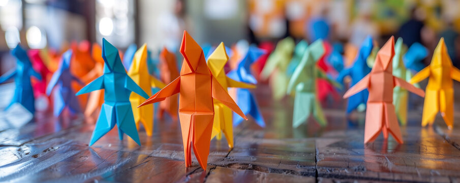 Origami paper people dancing on wooden surface, Colorful display of diversity and community together | Generative AI