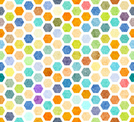 Abstract geometric seamless pattern. Grunge vintage texture. Multicolored honeycombs on a white background. Grid of hexagons. Vector illustration.